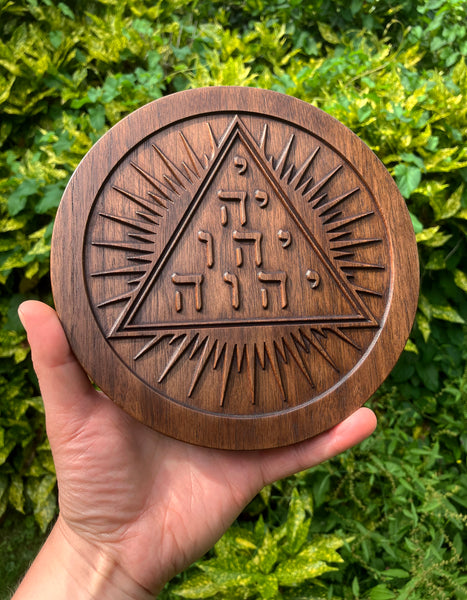 TETRAGRAMMATON - YHWH Tetractys - Carved Altar / Temple Plaque in Solid Walnut