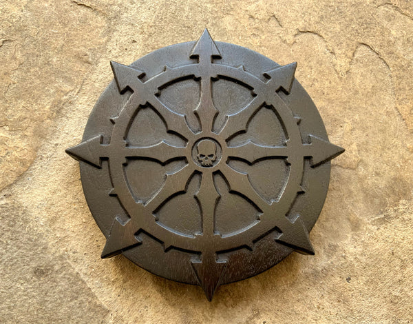 THE CHAOS PENTACLE - Carved Chaos Dharmachakra Pentacle in solid ebonised walnut