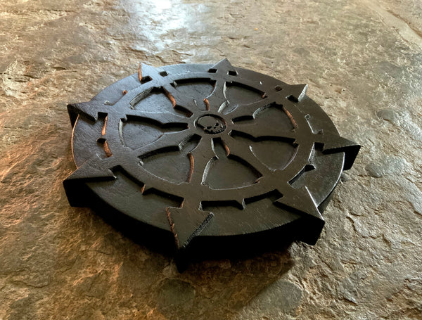 THE CHAOS PENTACLE - Carved Chaos Dharmachakra Pentacle in solid ebonised walnut