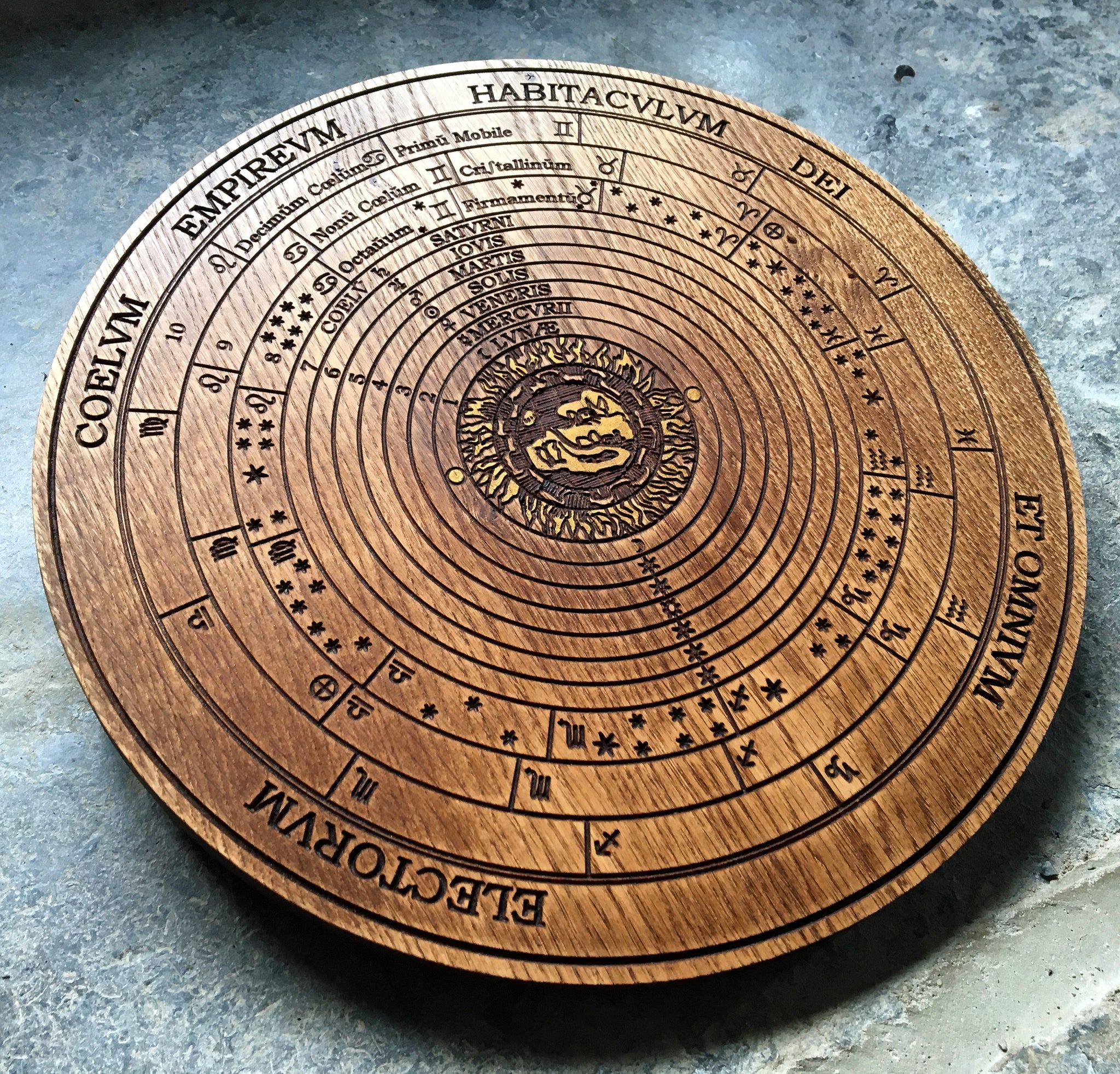 THE CELESTIAL SPHERES - Oak-Carved Temple Plaque (Hermetic Cosmology / Ptolemaic Universe)