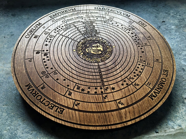 THE CELESTIAL SPHERES - Oak-Carved Temple Plaque (Hermetic Cosmology / Ptolemaic Universe)