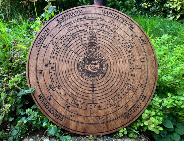 THE CELESTIAL SPHERES - Oak-Carved Temple Plaque (Hermetic Cosmology / Ptolemaic Universe)