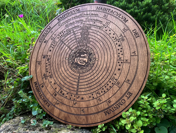 THE CELESTIAL SPHERES - Oak-Carved Temple Plaque (Hermetic Cosmology / Ptolemaic Universe)