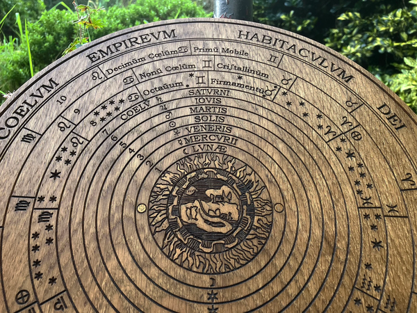 THE CELESTIAL SPHERES - Oak-Carved Temple Plaque (Hermetic Cosmology / Ptolemaic Universe)
