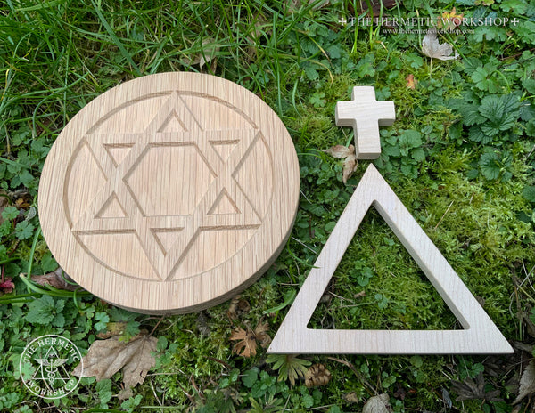 GOLDEN DAWN ALTAR SET - Oak-carved Earth Pentacle and Triangle & Cross