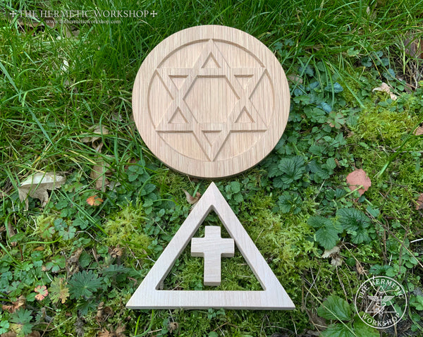 Golden dawn Altar Set -- an oak-carved Pentacle of Earth and a Golden Dawn Triangle & Cross for the ceremonial magic altar