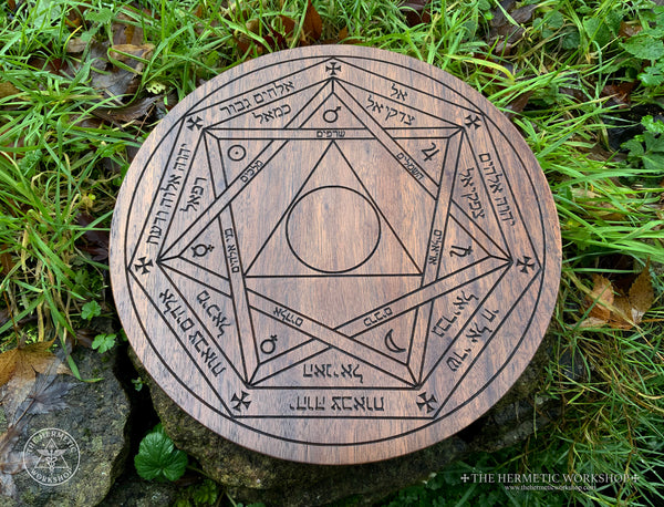 Planetary Magic Table of Practice with Sacred Geometry, Holy Names and Archangels in Hebrew. Carved in solid walnut. Evocation. Kabbalistic Angel Magic. Planetary Angels.  Hermetic Ceremonial Magic Altar Board. Occult Altar Tools.