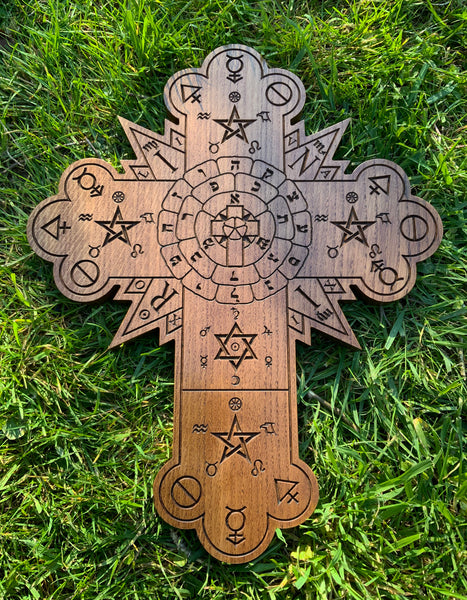 THE ROSE CROSS - Large carving in Solid Oak // Hanging Hermetic Rose Cross