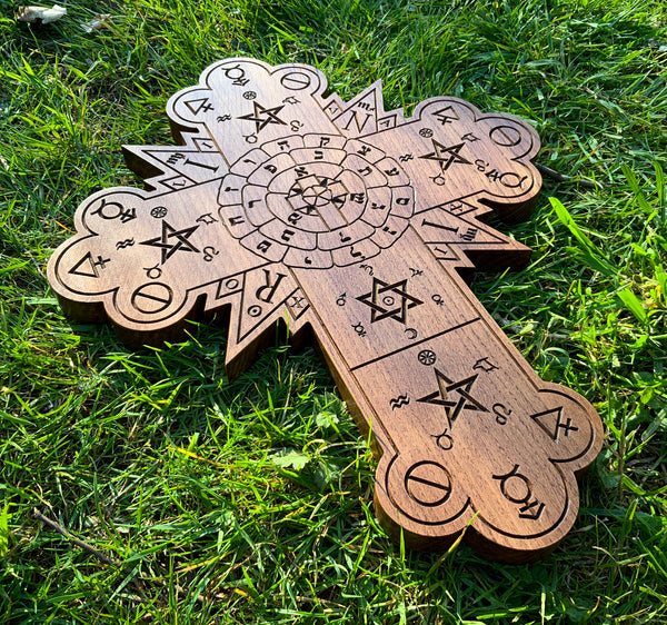 THE ROSE CROSS - Large carving in Solid Oak // Hanging Hermetic Rose Cross