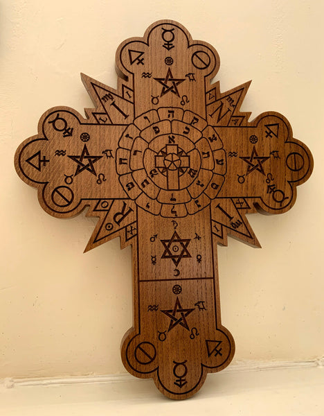 THE ROSE CROSS - Large carving in Solid Oak // Hanging Hermetic Rose Cross