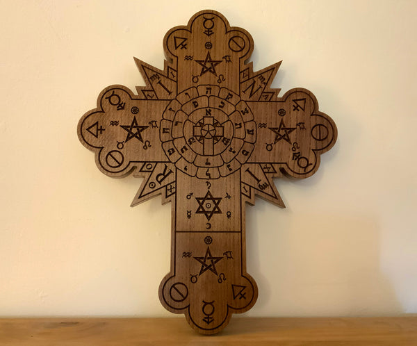 THE ROSE CROSS - Large carving in Solid Oak // Hanging Hermetic Rose Cross