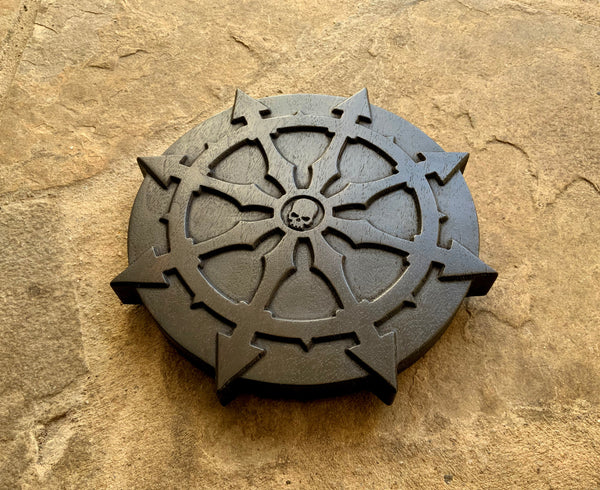 THE CHAOS PENTACLE - Carved Chaos Dharmachakra Pentacle in solid ebonised walnut