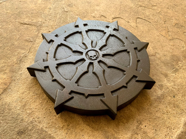 THE CHAOS PENTACLE - Carved Chaos Dharmachakra Pentacle in solid ebonised walnut