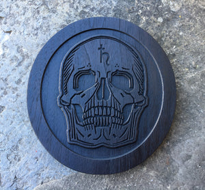 SATURNIAN SKULL / Momento Mori - Carved in solid ebonised Walnut. Altar piece / Hanging plaque