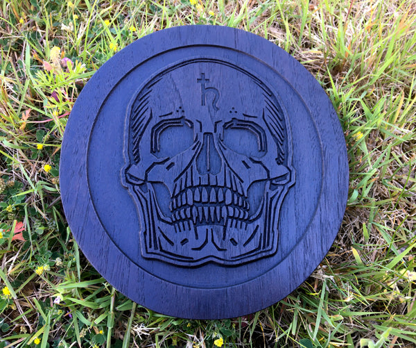 SATURNIAN SKULL / Momento Mori - Carved in solid ebonised Walnut. Altar piece / Hanging plaque