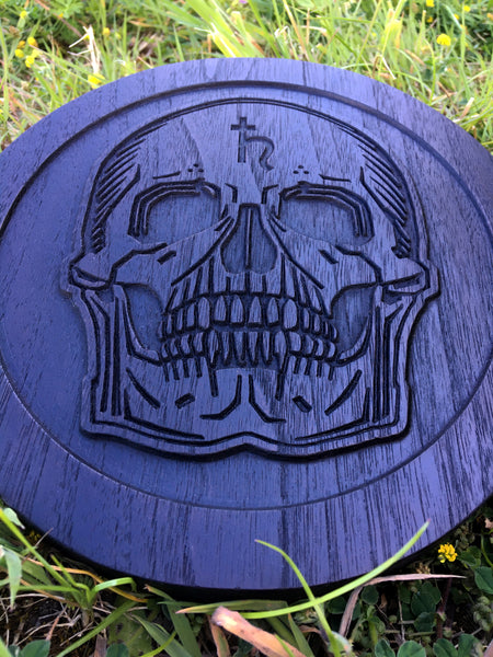 SATURNIAN SKULL / Momento Mori - Carved in solid ebonised Walnut. Altar piece / Hanging plaque