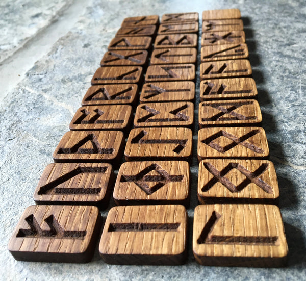 Oak Carved ANGLO-SAXON RUNE Set (Futhorc) with Custom Oak Box