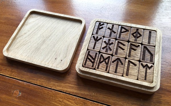 Oak Carved ANGLO-SAXON RUNE Set (Futhorc) with Custom Oak Box
