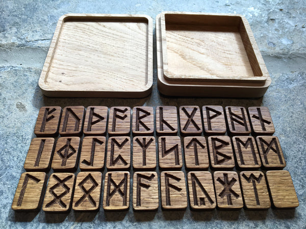 Oak Carved ANGLO-SAXON RUNE Set (Futhorc) with Custom Oak Box