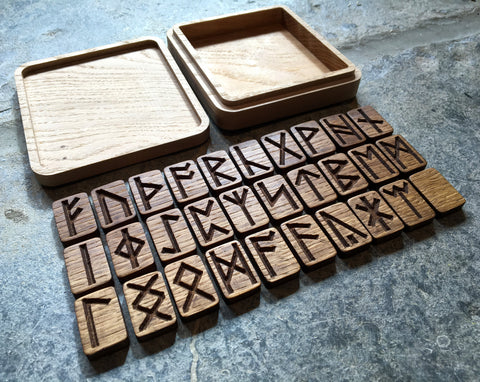 Oak Carved ANGLO-SAXON RUNE Set (Futhorc) with Custom Oak Box