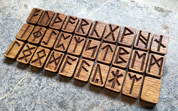 Oak Carved ANGLO-SAXON RUNE Set (Futhorc) with Custom Oak Box