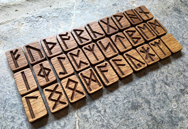 Oak Carved ANGLO-SAXON RUNE Set (Futhorc) with Custom Oak Box