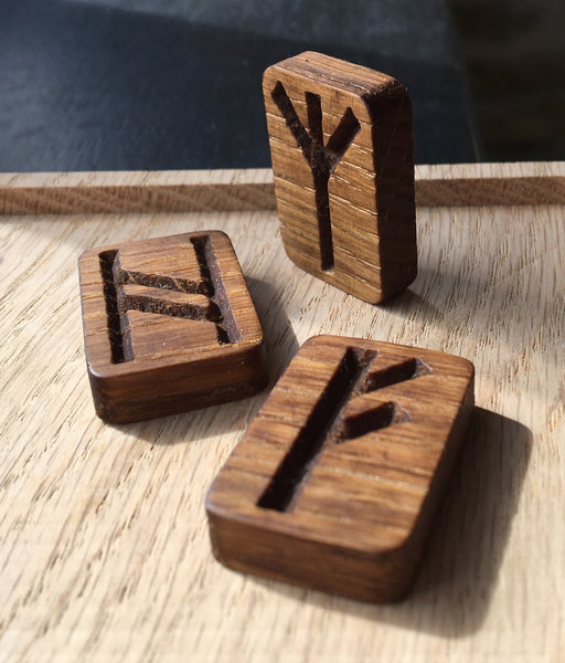 Oak Carved ANGLO-SAXON RUNE Set (Futhorc) with Custom Oak Box