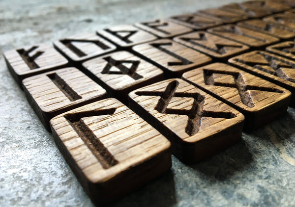 Oak Carved ANGLO-SAXON RUNE Set (Futhorc) with Custom Oak Box