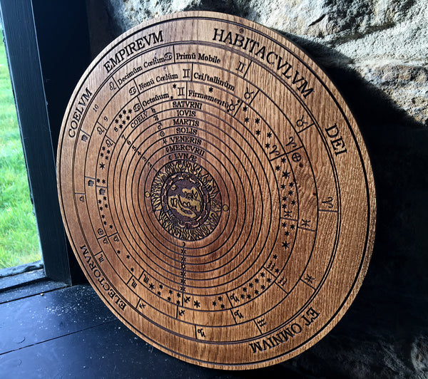 THE CELESTIAL SPHERES - Oak-Carved Temple Plaque (Hermetic Cosmology / Ptolemaic Universe)