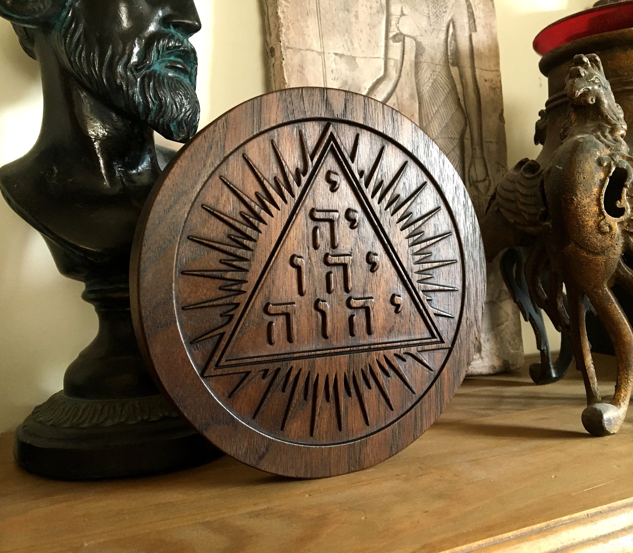 TETRAGRAMMATON - YHWH Tetractys - Carved Altar / Temple Plaque in Solid Walnut